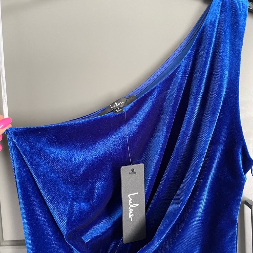 Lulu's Blue One-Shoulder Ruched Sheath Dress - Picture 5 of 6